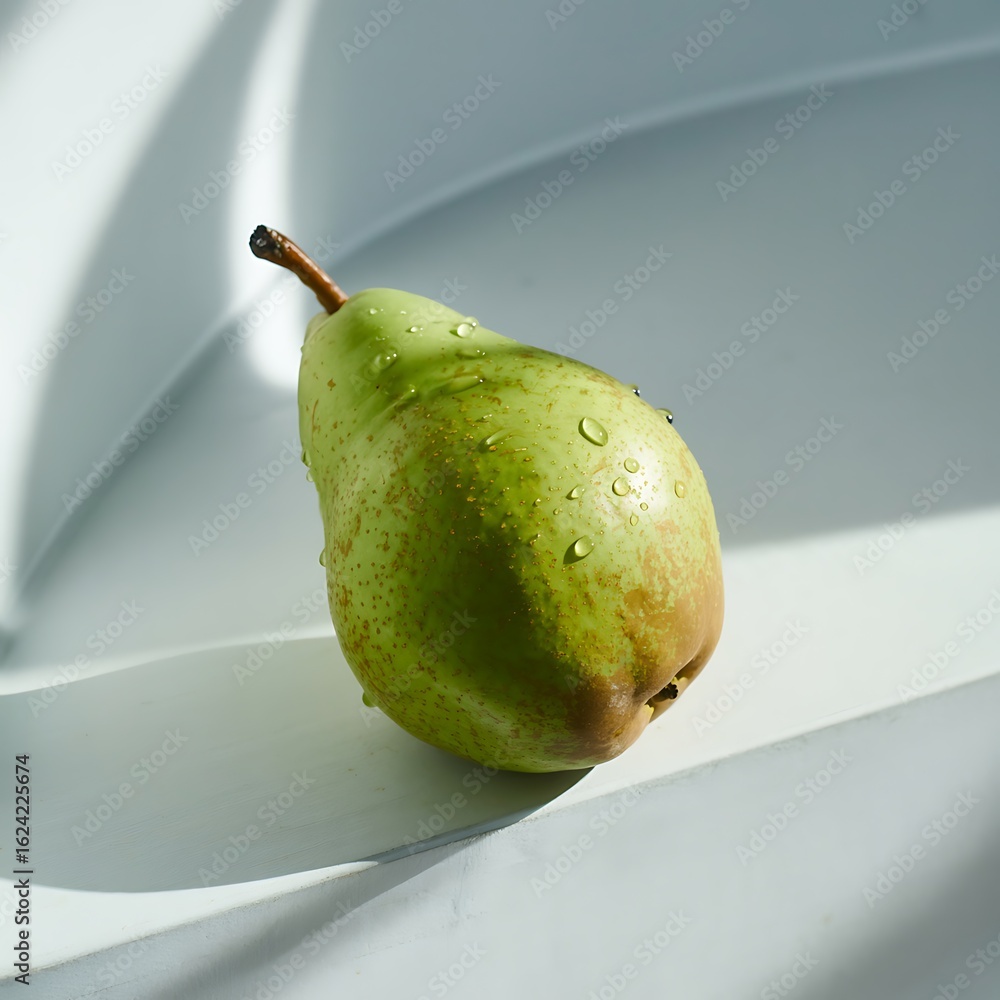 Poster A single green and red pear with water droplets rests on a textured white surface with dramatic light and shadow