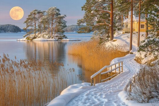 Snowy lake path, full moon, and cottage - Powered by Adobe