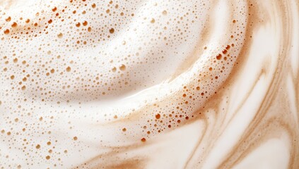 A close-up view of swirling foam with rich, creamy textures and hints of brown, creating an enticing visual in a beverage.
