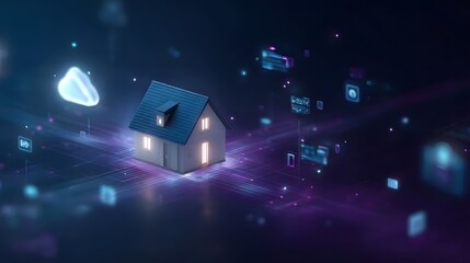 Futuristic smart home floating in a digital landscape