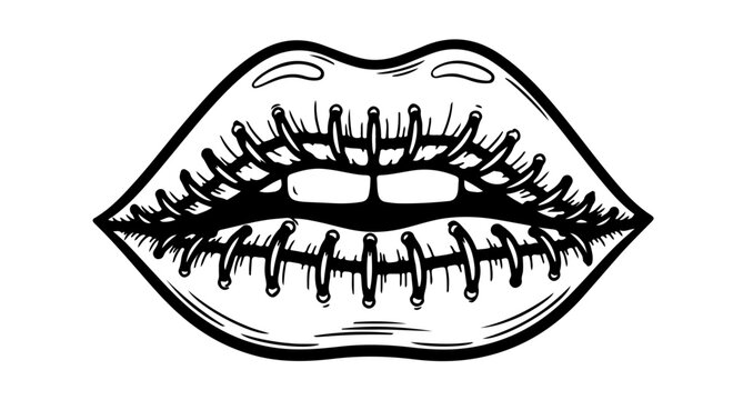 Stitched lips vector illustration for halloween or gothic theme graphic design and tattoo artwork concept