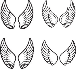 Fototapeta premium Set of Feathered Wing Outline vector illustration isolated On Transparent Background
