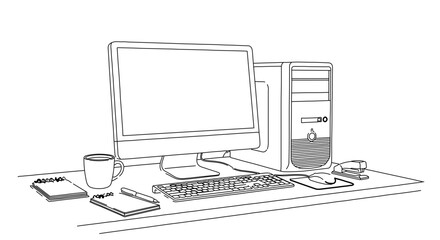 Illustration of computer workstation setup with pc monitor keyboard and office supplies on desk top view 100