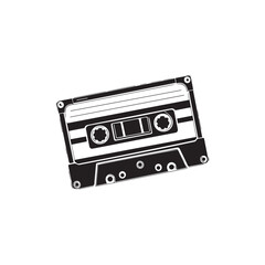 Simple black and white graphic of a vintage audio cassette tape.