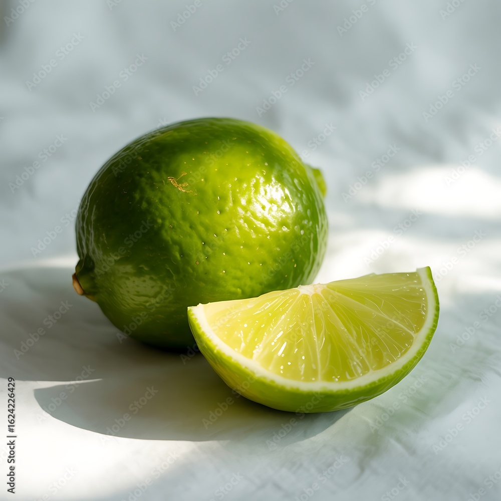 Poster green lime with a slice next to it on a textured white surface with sunlight and shadows citrus frui