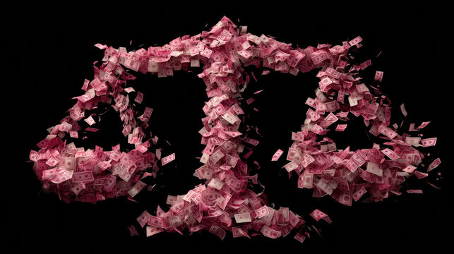 Currency notes forming a dynamic, abstract shape against a black background