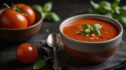 A bowl of vibrant tomato soup, garnished with basil and nuts, alongside fresh tomatoes and basil leaves.