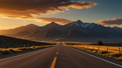 A scenic highway stretches towards majestic, snow-capped mountains bathed in the golden light of sunset.
