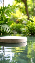 Tranquil scene of a circular platform floating on calm water, surrounded by lush green tropical foliage