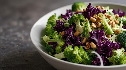 A bowl of fresh salad containing broccoli, purple kale, sprouts, and peanuts on a neutral background.