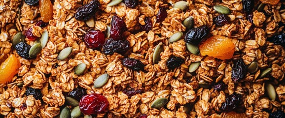 A close-up of granola featuring oats, seeds, and dried fruits, showcasing a textured, wholesome mix ideal for healthy snacking.
