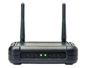 Black wireless internet router with two antennas and green lights on a transparent background