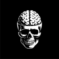A stark black and white illustration of a skull with exposed brain.