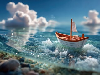 Miniature wooden boat on a calm sea