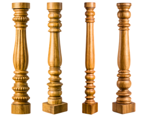 Set of four carved wooden balusters with ornate decorative details on a transparent background