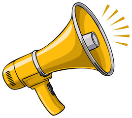 Cartoon yellow megaphone with sound waves, loud announcement graphic for presentations