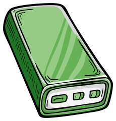 Green Power Bank Cartoon Illustration, Portable Charger Battery Device