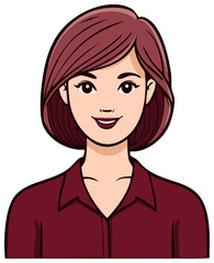 Portrait of a woman with a bob hairstyle wearing a maroon shirt, smiling brightly