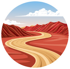 Scenic desert landscape illustration with a winding road and mountains in a circular frame