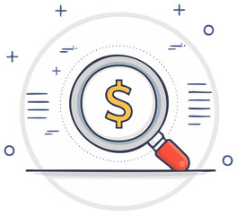Financial analysis icon with a magnifying glass over a dollar sign for investment search and audit
