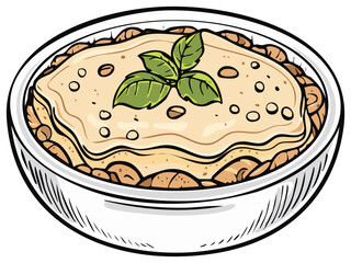 Classic Baked Lasagna or Casserole with Basil in White Bowl Cartoon Illustration