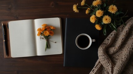 Open notebook with flowers, coffee, and a cozy sweater on a dark wooden surface.