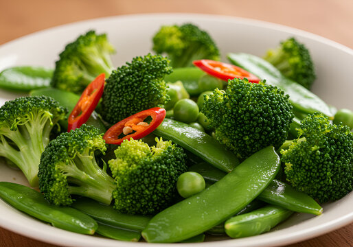 Stir-fried broccoli, peas, and snow peas