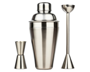 Stainless steel cocktail shaker set with a jigger and bar spoon on a transparent background