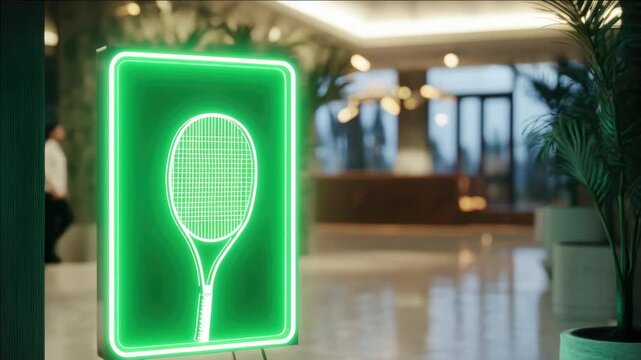 Neon sign of a tennis racket in the night, possibly indicating a sporty or active location like a tennis club or sports facility.