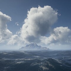Island peak, puffy clouds, serene sea