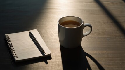 A mug of tea rests beside a blank notepad and pen, bathed in sunlight on a dark wooden table.