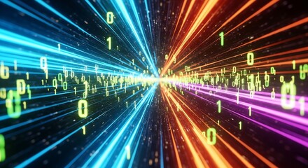 Digital Data Stream with Binary Code in a Futuristic Cyber Tunnel.