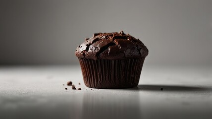 A single chocolate muffin sits on a surface, illuminated by a soft light, with crumbs nearby.