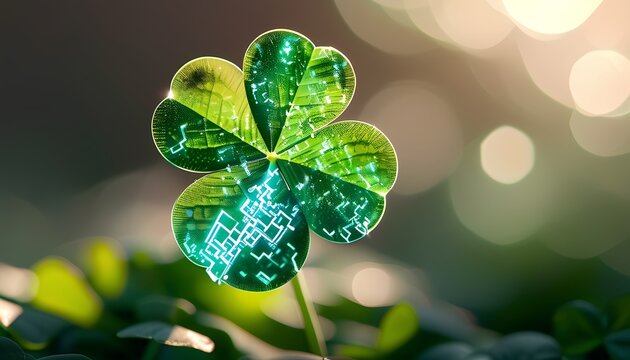 A vibrant dew kissed four leaf clover glows with magical green and yellow light symbolizing luck and good fortune in a soft focus natural setting