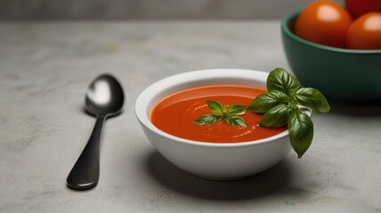 A bowl of vibrant tomato soup, garnished with fresh basil leaves, sits on a light gray surface, alongside whole tomatoes.