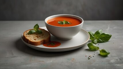 A bowl of vibrant tomato soup garnished with basil, served with a slice of toasted bread on a minimalist grey setting.