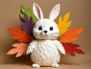 a white rabbit crafted layered by layered white paper and surrounded by colorful origami craft leaves and flower 3d render