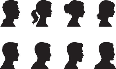 Diverse human silhouettes in profile facing right and left