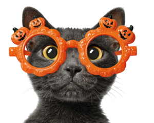 Black cat wearing oversized orange pumpkin glasses, close up, isolated on transparency background, Halloween theme, playful and festive mood, pet portrait, autumn celebration