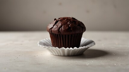 A single chocolate muffin in a paper liner sits on a small white plate against a neutral background.