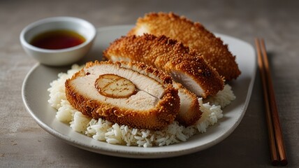 Crispy breaded chicken breast slices served with rice and a dipping sauce.