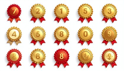 Collection of Gold and Red Award Medals with Numbers and Ribbons on White Background