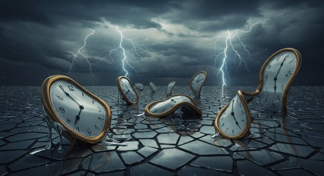 Surreal melting clocks with lightning storm
