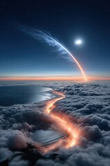 Night launch from above clouds