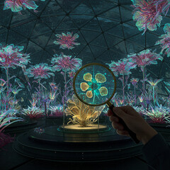 A hand holding a magnifying glass is examining a glowing digital flower in a futuristic bioluminescent greenhouse