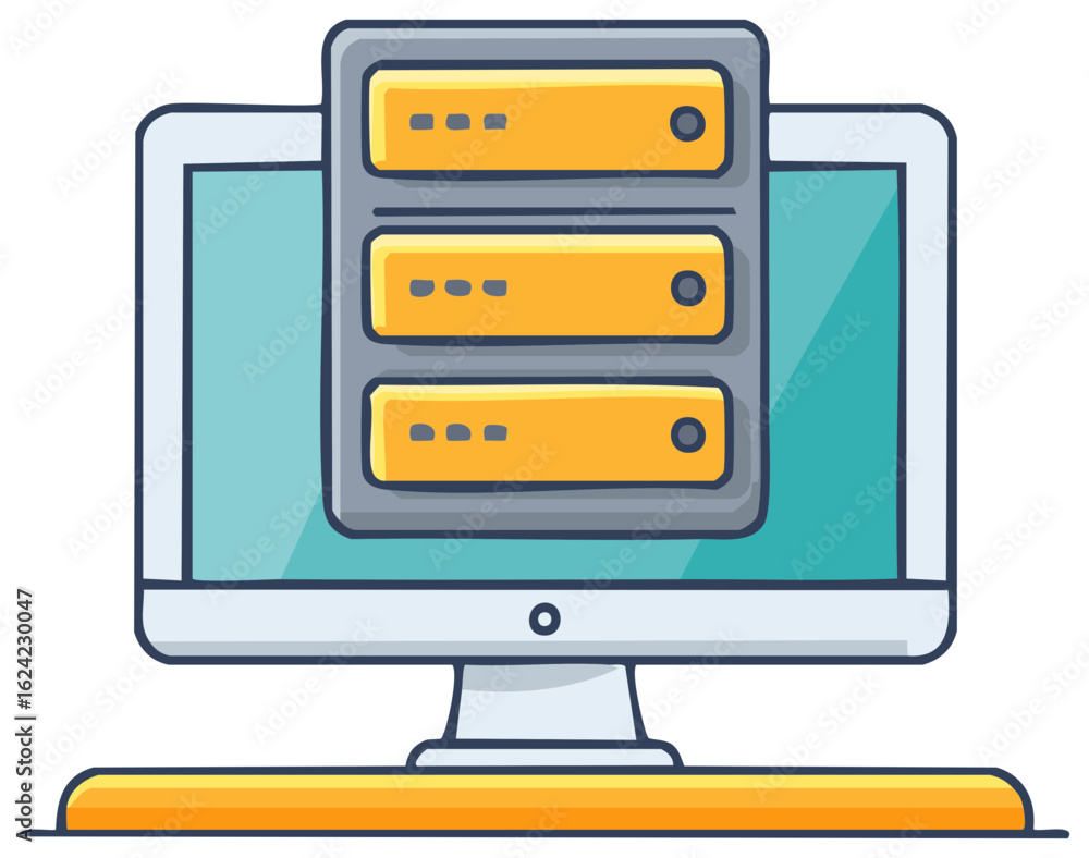 Poster server on computer monitor illustration, web hosting concept, data servers and technology system