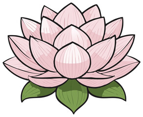 Pink Lotus Flower with Green Leaves and Black Outline
