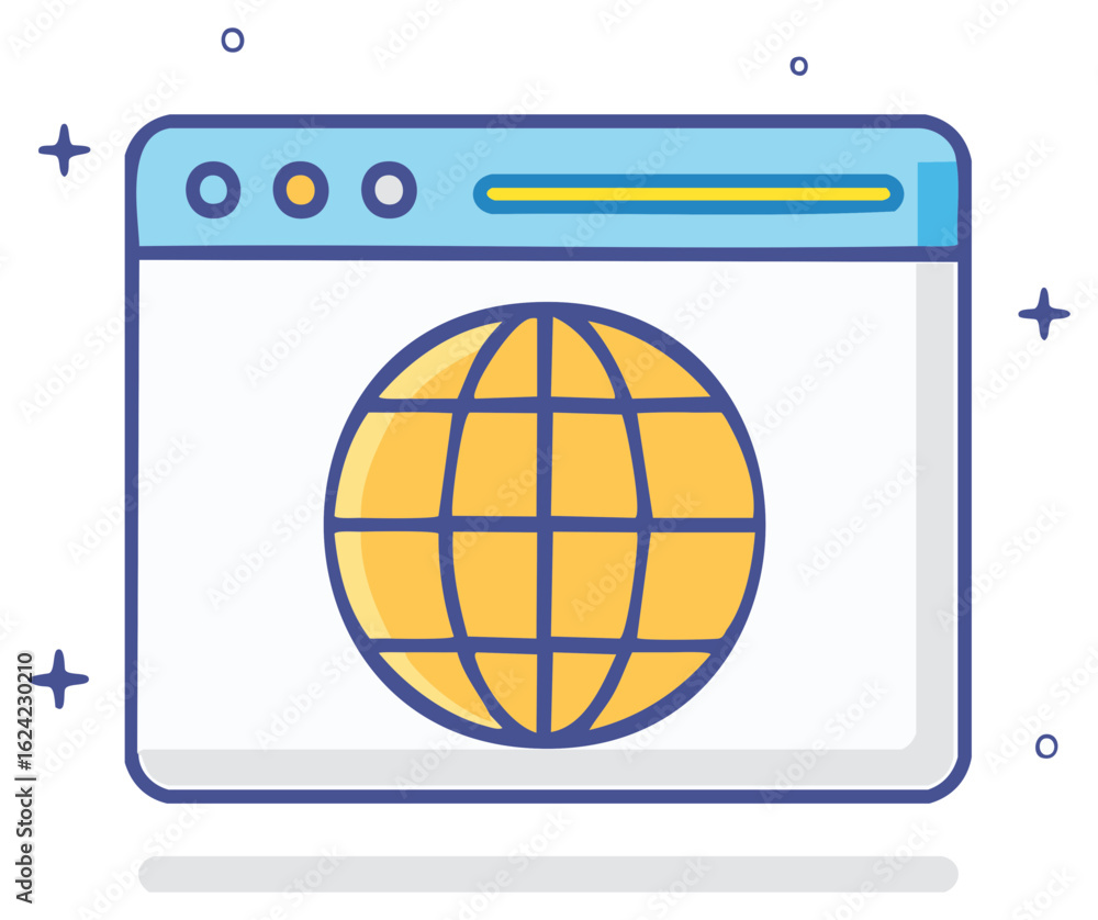 Poster stylized cartoon browser window displaying a simple grid globe icon with colorful decorative element