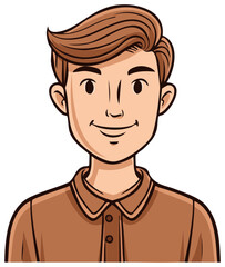 Fototapeta premium Cartoon portrait of a smiling young man with neatly styled brown hair and a brown shirt