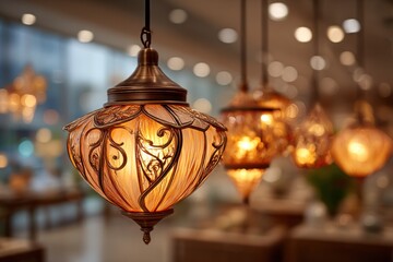 Ornate hanging lamps in a store